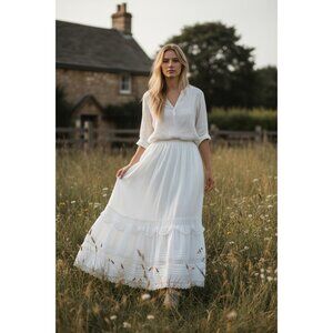 Sold Vintage Bryan Emerson Cottage Linen Maxi Skirt Womens M-L White Lace Hem